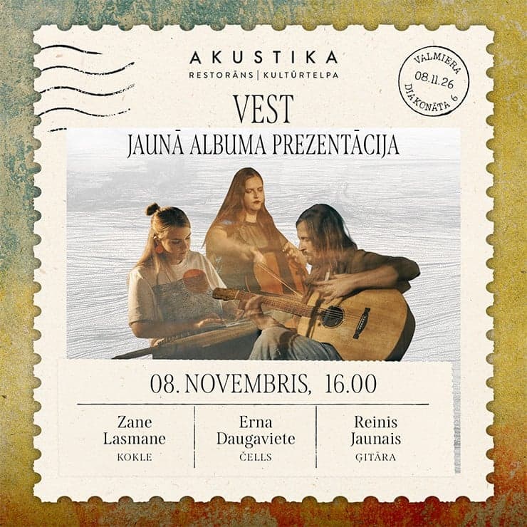 Reinis Jaunais, Zane Lasmane, Erna Daugaviete | VEST | kultūrtelpā AKUSTIKA, Valmierā apakšvirsraksts: ĢITĀRA, KOKLE, ČELLS - Reiņa Jaunā albuma prezentācijas koncerts